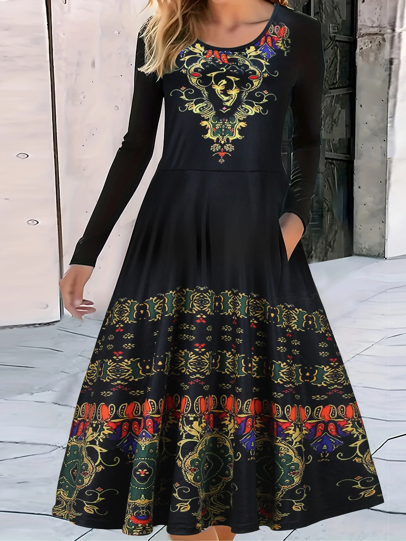 Femmes Géométrique Noir Col Rond Confortable Boucle Robe Maxi Décontracté