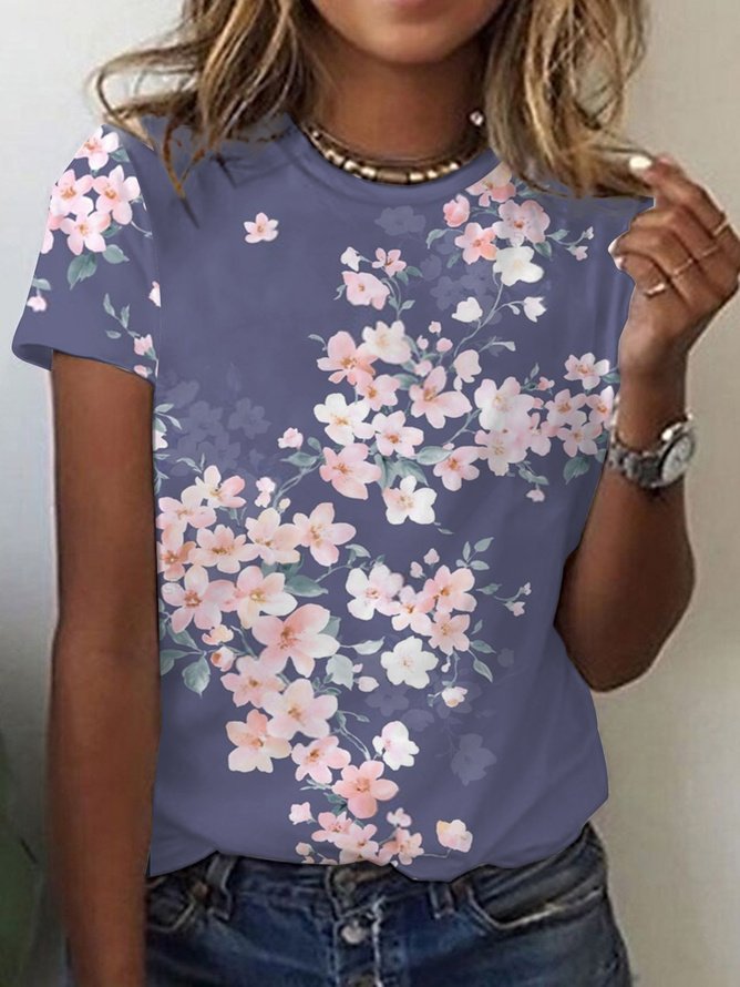 T-shirts Décontracté Floral Printemps / Automne Coton Col V Micro-élasticité Quotidien Manches Longues Régulier pour Femmes