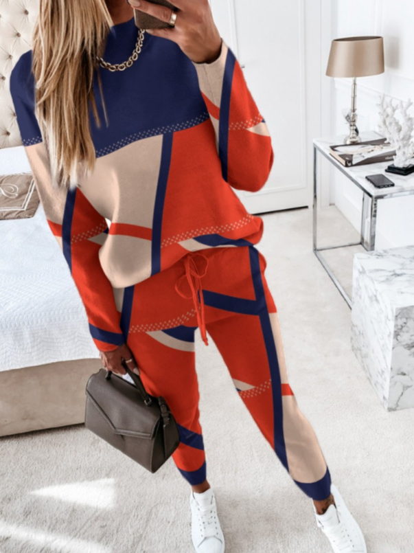 Deux Pièces Ensembles Géométrique Décontracté Printemps / Automne Quotidien Ample Manches Longues Col Rond Top Avec Pantalons Droit pour Femmes