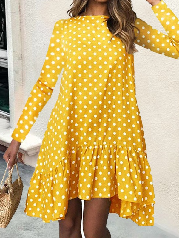 Femmes Pois Polka Jaune Col Roulé Confortable Mini Robe Décontracté