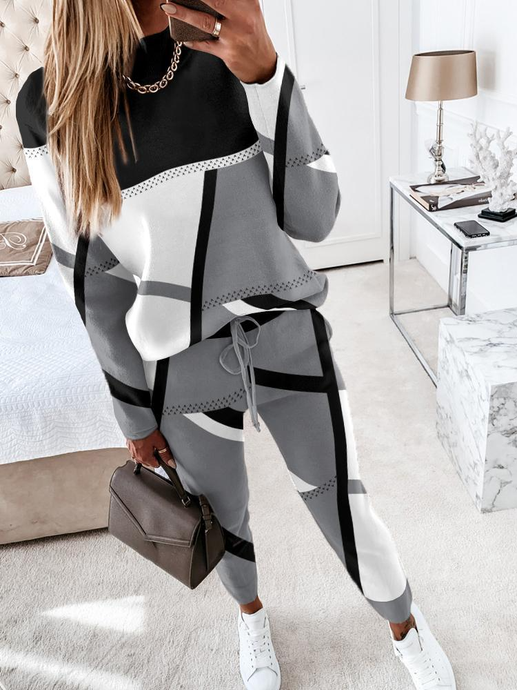 Deux Pièces Ensembles Géométrique Décontracté Printemps / Automne Quotidien Ample Manches Longues Col Rond Top Avec Pantalons Droit pour Femmes