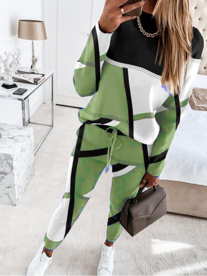 Deux Pièces Ensembles Géométrique Décontracté Printemps / Automne Quotidien Ample Manches Longues Col Rond Top Avec Pantalons Droit pour Femmes