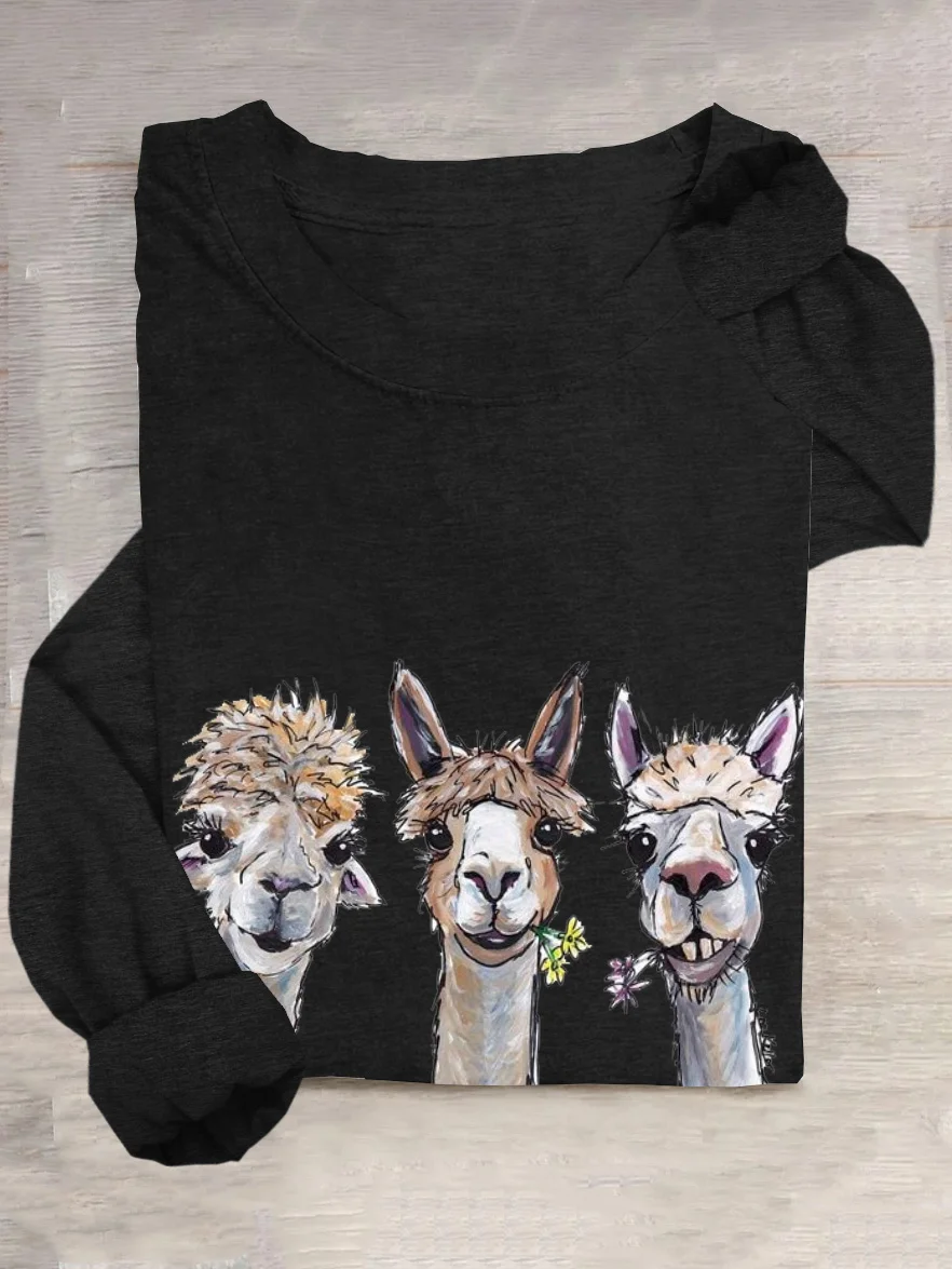 T-shirts Décontracté Imprimé d'Animal Printemps / Automne Ample Manches Longues Col Rond en Mélangé de Coton Régulier Élasticité moyenne pour Femmes