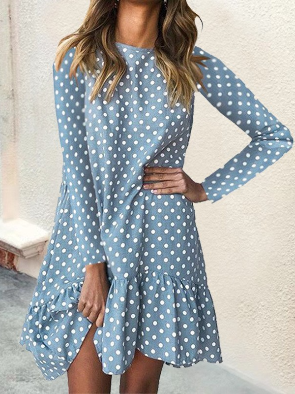 Femmes Pois Polka Jaune Col Roulé Confortable Mini Robe Décontracté