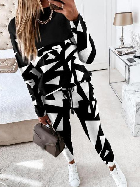 Deux Pièces Ensembles Géométrique Décontracté Printemps / Automne Quotidien Ample Manches Longues Col Rond Top Avec Pantalons Droit pour Femmes