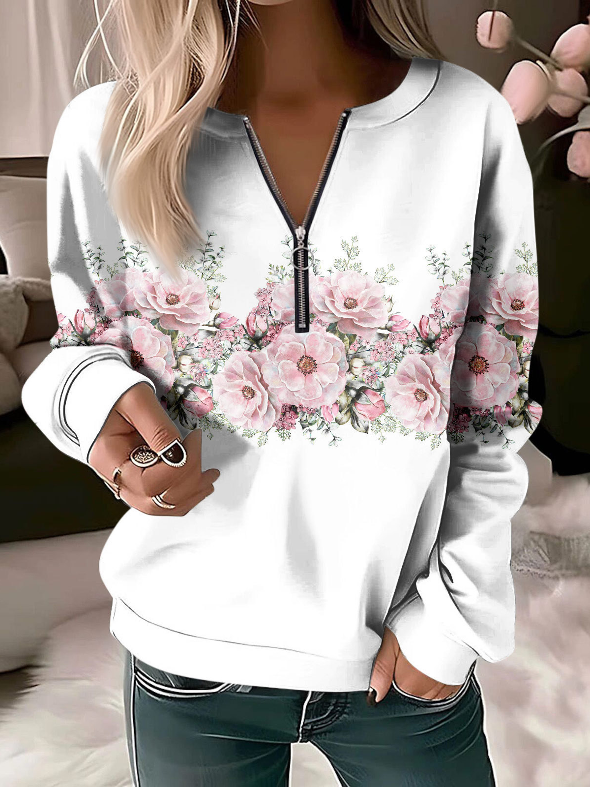 Sweat-shirts Décontracté Floral Printemps / Automne Zip Micro-élasticité Quotidien Ample Manches Longues Col Rond pour Femmes