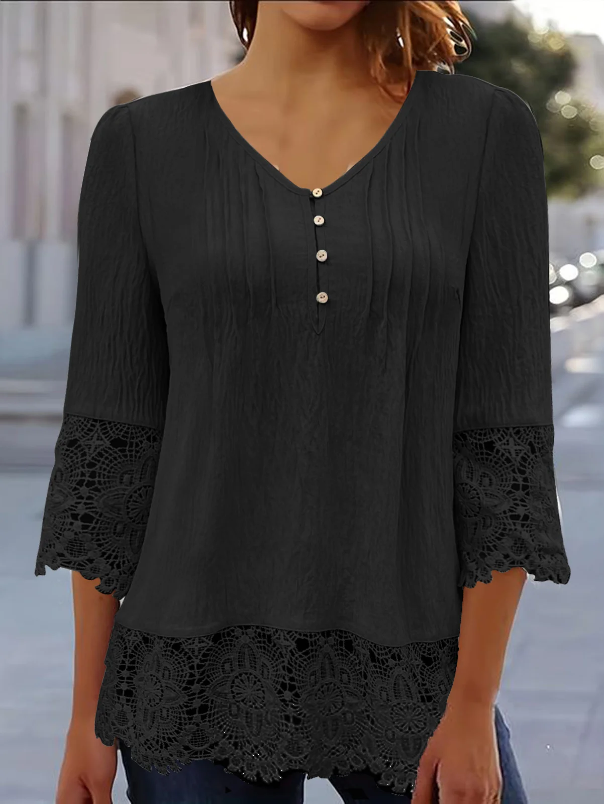 Chemisiers1 Décontracté Plain Printemps / Automne Polyester Col V Aucune élasticité Manches trois quarts Droit Régulier pour Femmes