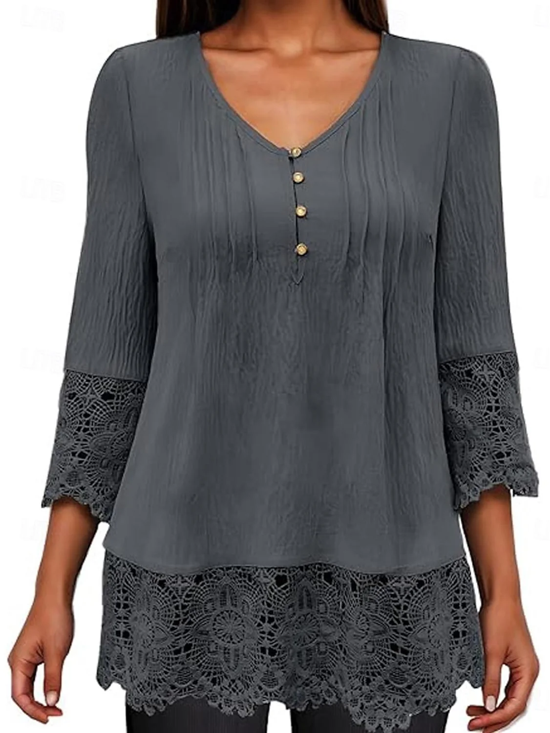 Chemisiers1 Décontracté Plain Printemps / Automne Polyester Col V Aucune élasticité Manches trois quarts Droit Régulier pour Femmes