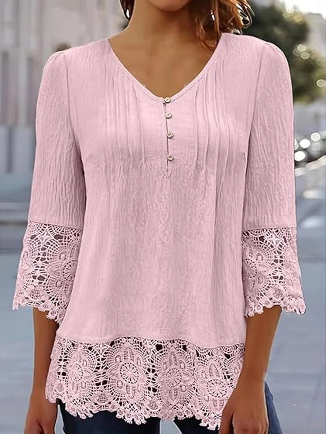 Chemisiers1 Décontracté Plain Printemps / Automne Polyester Col V Aucune élasticité Manches trois quarts Droit Régulier pour Femmes