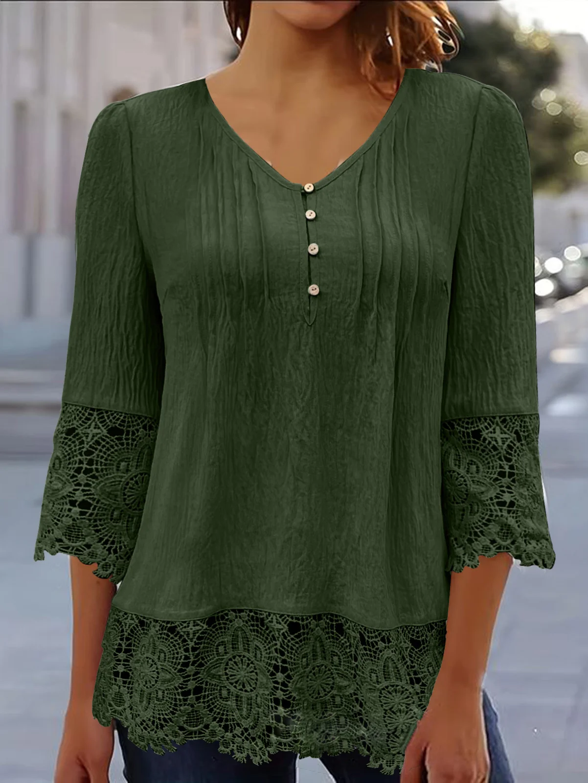 Chemisiers1 Décontracté Plain Printemps / Automne Polyester Col V Aucune élasticité Manches trois quarts Droit Régulier pour Femmes