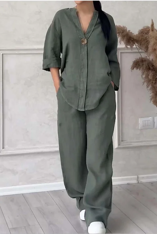 Deux Pièces Ensembles Femmes Décontracté Plain Printemps / Automne Naturel Micro-élasticité Quotidien Ample Manches Longues Top Avec Pantalons