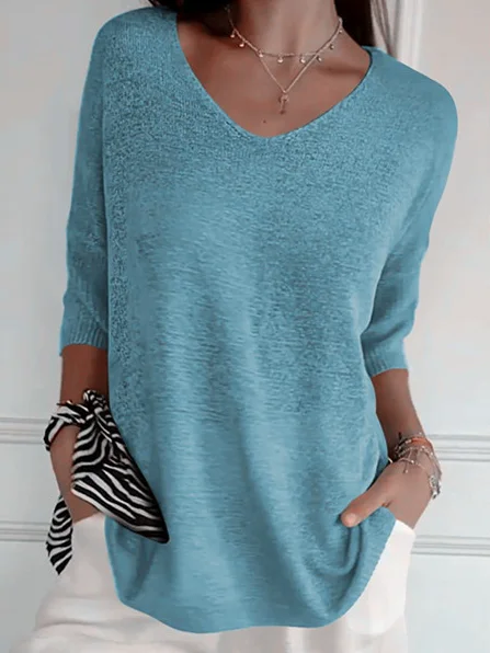Pulls Décontracté Plain Printemps / Automne Quotidien Manches trois quarts Régulier Droit Régulier Élasticité moyenne pour Femmes