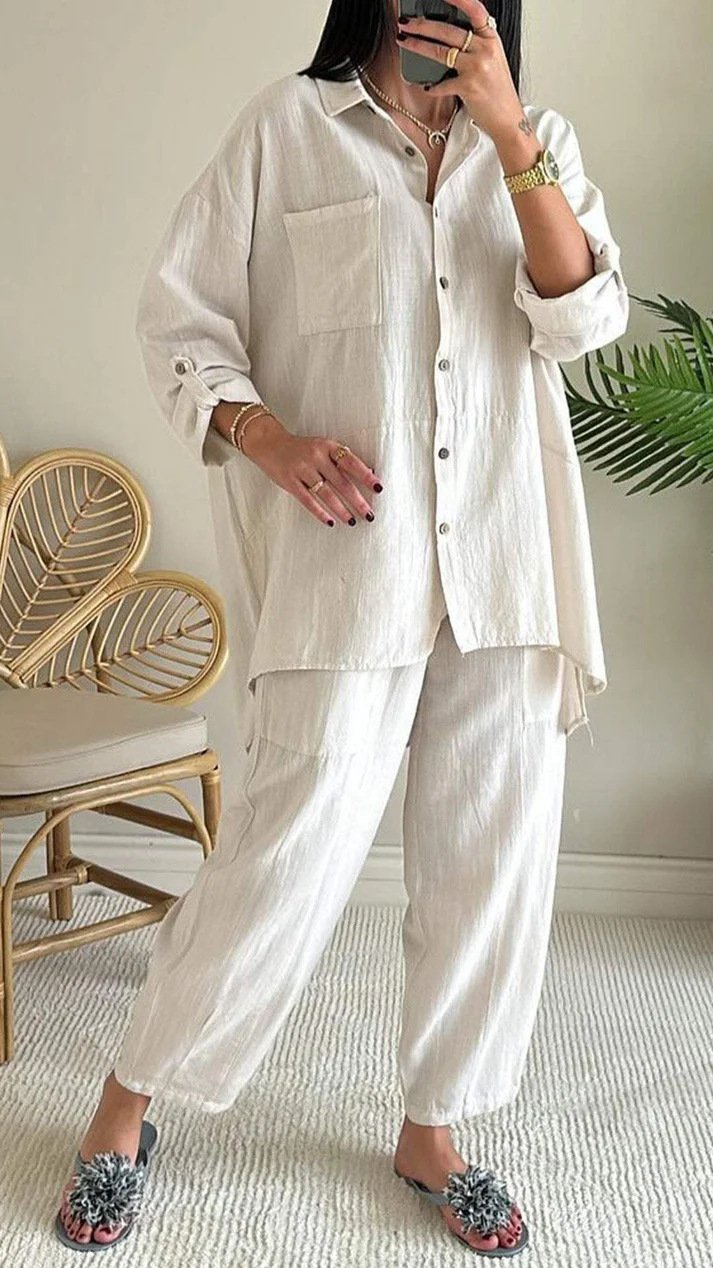 Deux Pièces Ensembles Femmes Géométrique Décontracté Printemps / Automne Naturel Micro-élasticité Quotidien Coton Et Lin Manches Longues Top Avec Pantalons
