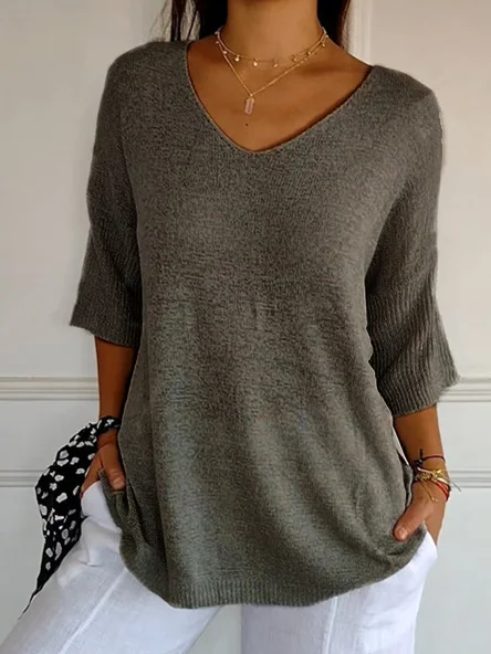 Pulls Décontracté Plain Printemps / Automne Quotidien Manches trois quarts Régulier Droit Régulier Élasticité moyenne pour Femmes