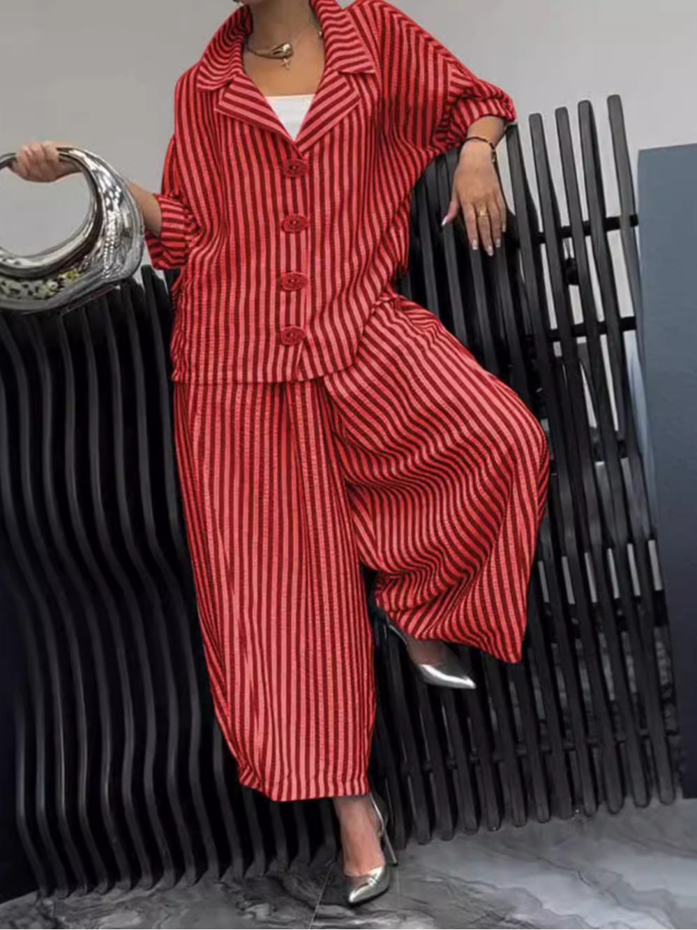 Deux Pièces Ensembles Rayé Décontracté Printemps / Automne Polyester Naturel Quotidien Manches Longues Top Avec Pantalons Droit pour Femmes