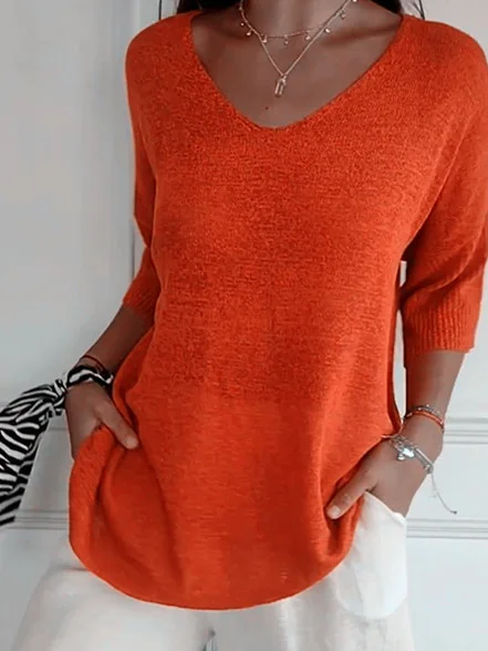 Pulls Décontracté Plain Printemps / Automne Quotidien Manches trois quarts Régulier Droit Régulier Élasticité moyenne pour Femmes