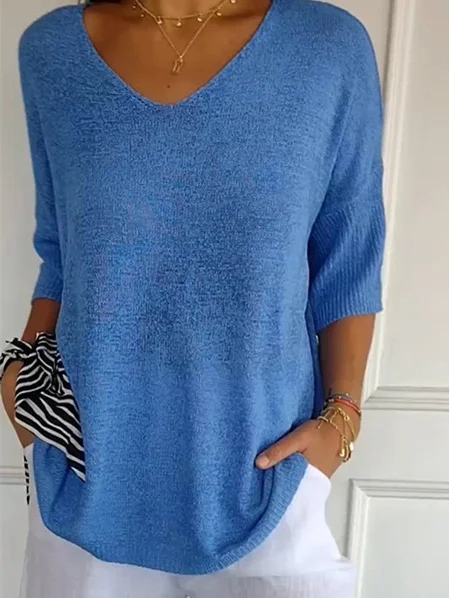 Pulls Décontracté Plain Printemps / Automne Quotidien Manches trois quarts Régulier Droit Régulier Élasticité moyenne pour Femmes