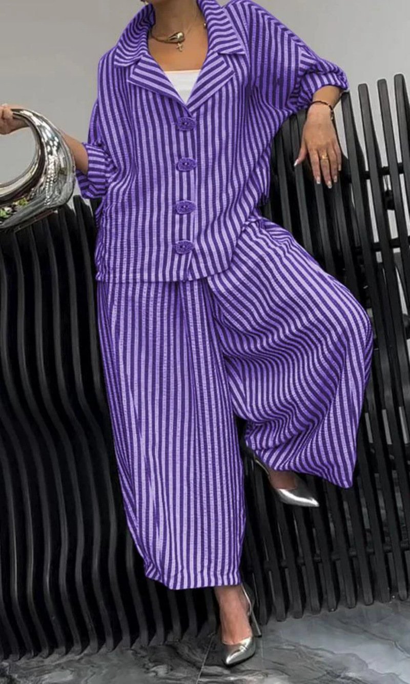 Deux Pièces Ensembles Rayé Décontracté Printemps / Automne Polyester Naturel Quotidien Manches Longues Top Avec Pantalons Droit pour Femmes