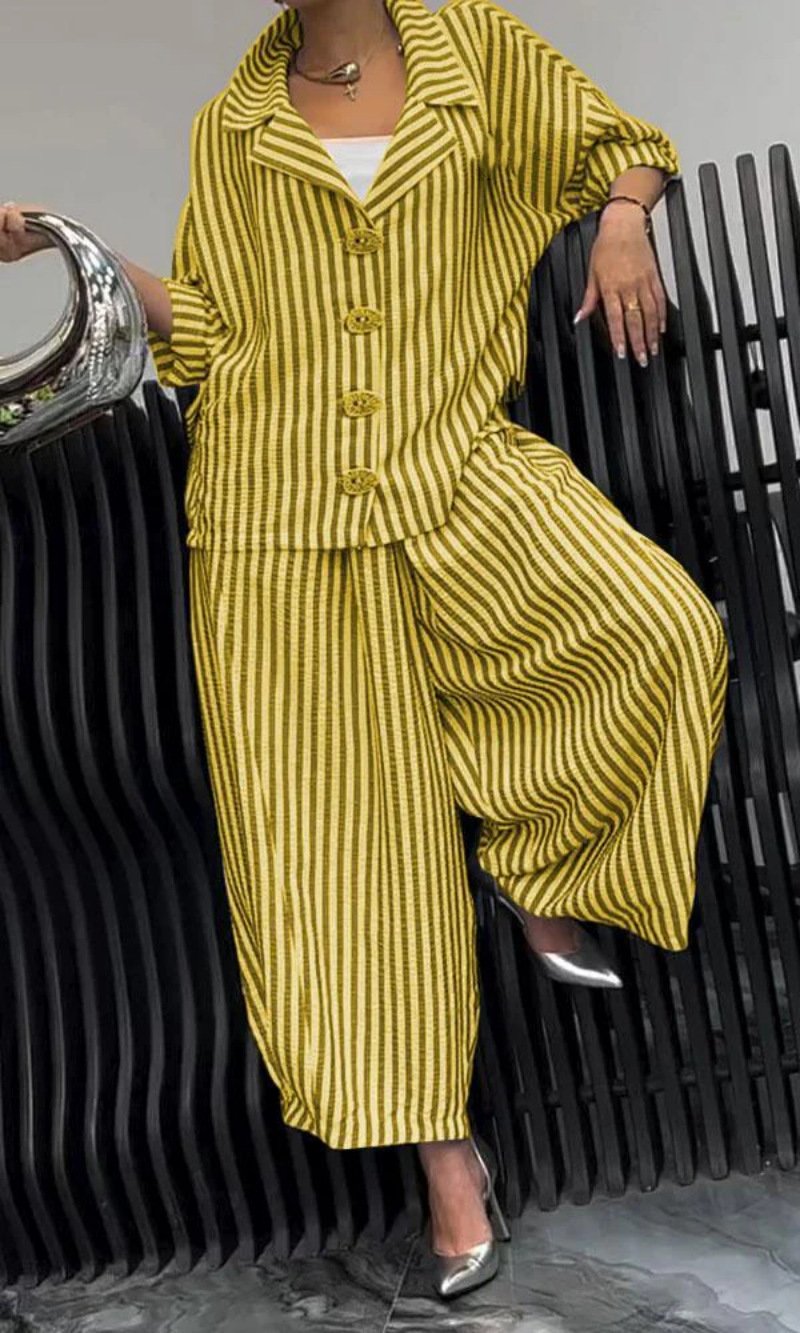 Deux Pièces Ensembles Rayé Décontracté Printemps / Automne Polyester Naturel Quotidien Manches Longues Top Avec Pantalons Droit pour Femmes