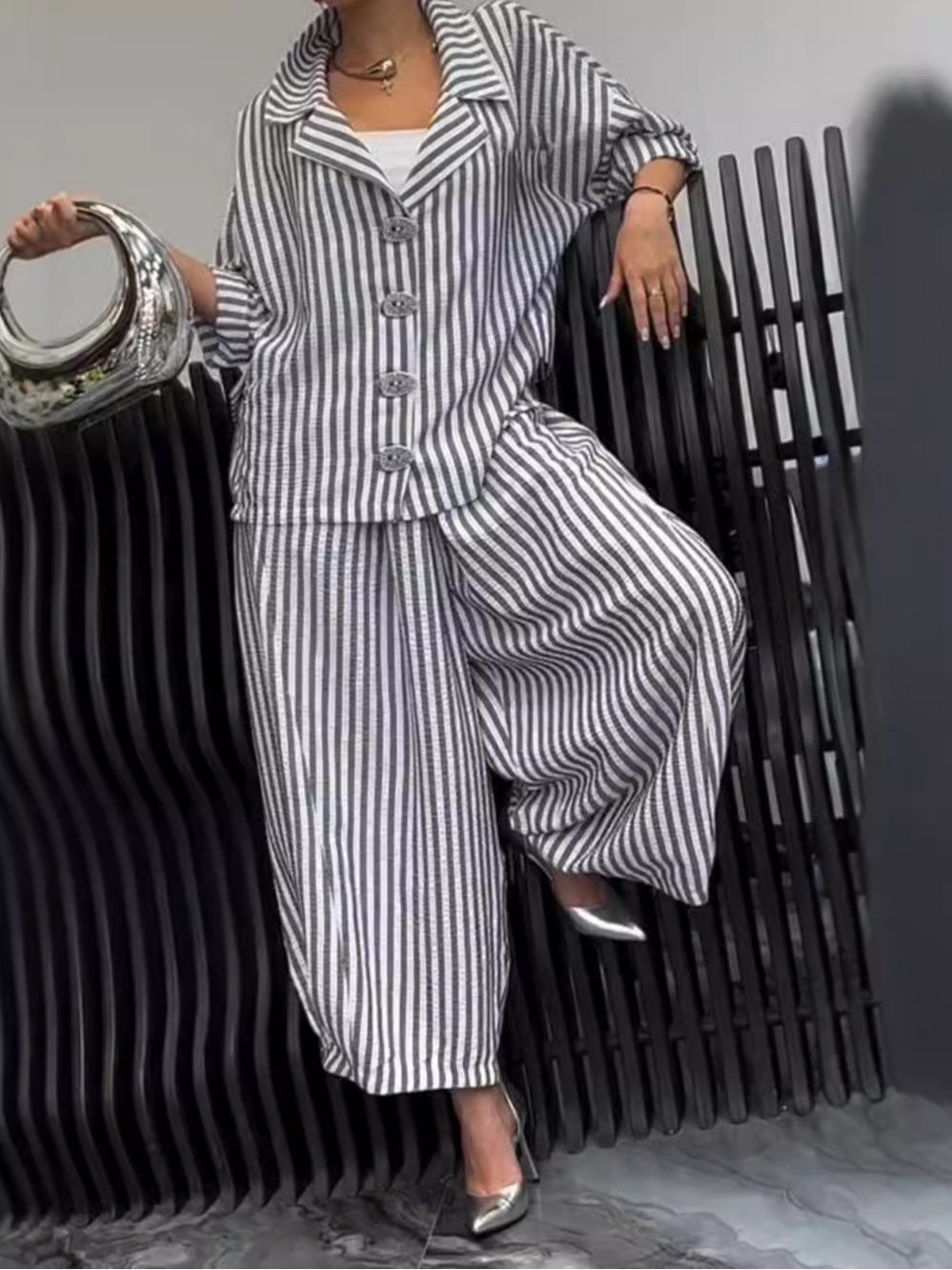 Deux Pièces Ensembles Rayé Décontracté Printemps / Automne Polyester Naturel Quotidien Manches Longues Top Avec Pantalons Droit pour Femmes