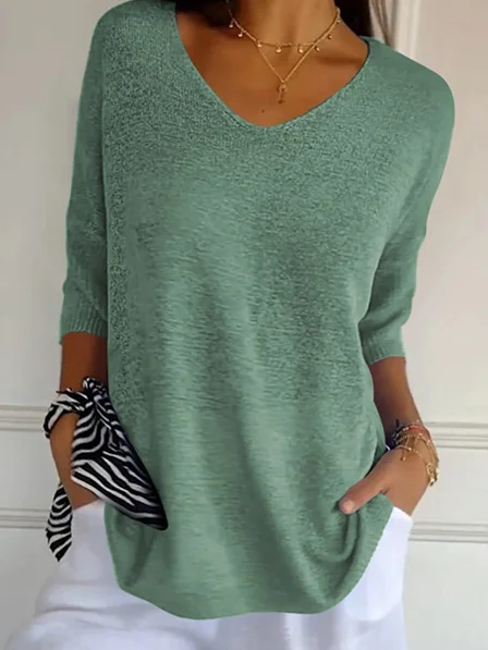 Pulls Décontracté Plain Printemps / Automne Quotidien Manches trois quarts Régulier Droit Régulier Élasticité moyenne pour Femmes