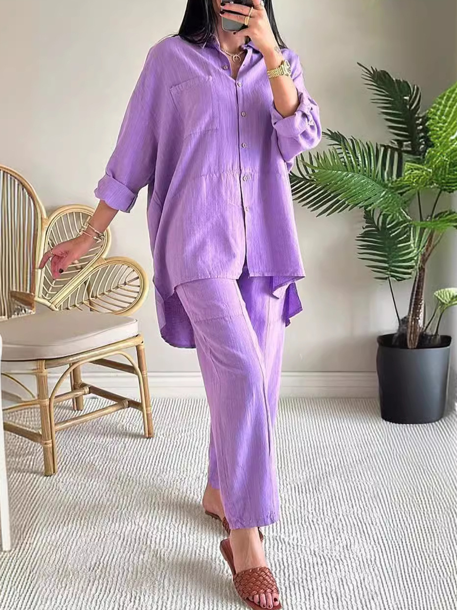 Deux Pièces Ensembles Femmes Géométrique Décontracté Printemps / Automne Naturel Micro-élasticité Quotidien Coton Et Lin Manches Longues Top Avec Pantalons