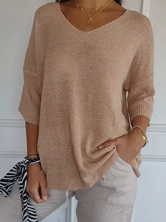 Pulls Décontracté Plain Printemps / Automne Quotidien Manches trois quarts Régulier Droit Régulier Élasticité moyenne pour Femmes
