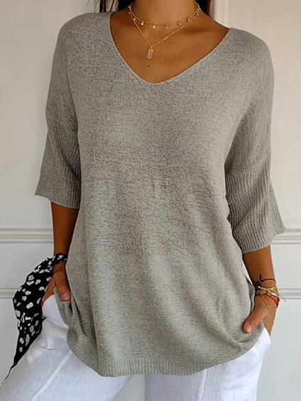 Pulls Décontracté Plain Printemps / Automne Quotidien Manches trois quarts Régulier Droit Régulier Élasticité moyenne pour Femmes