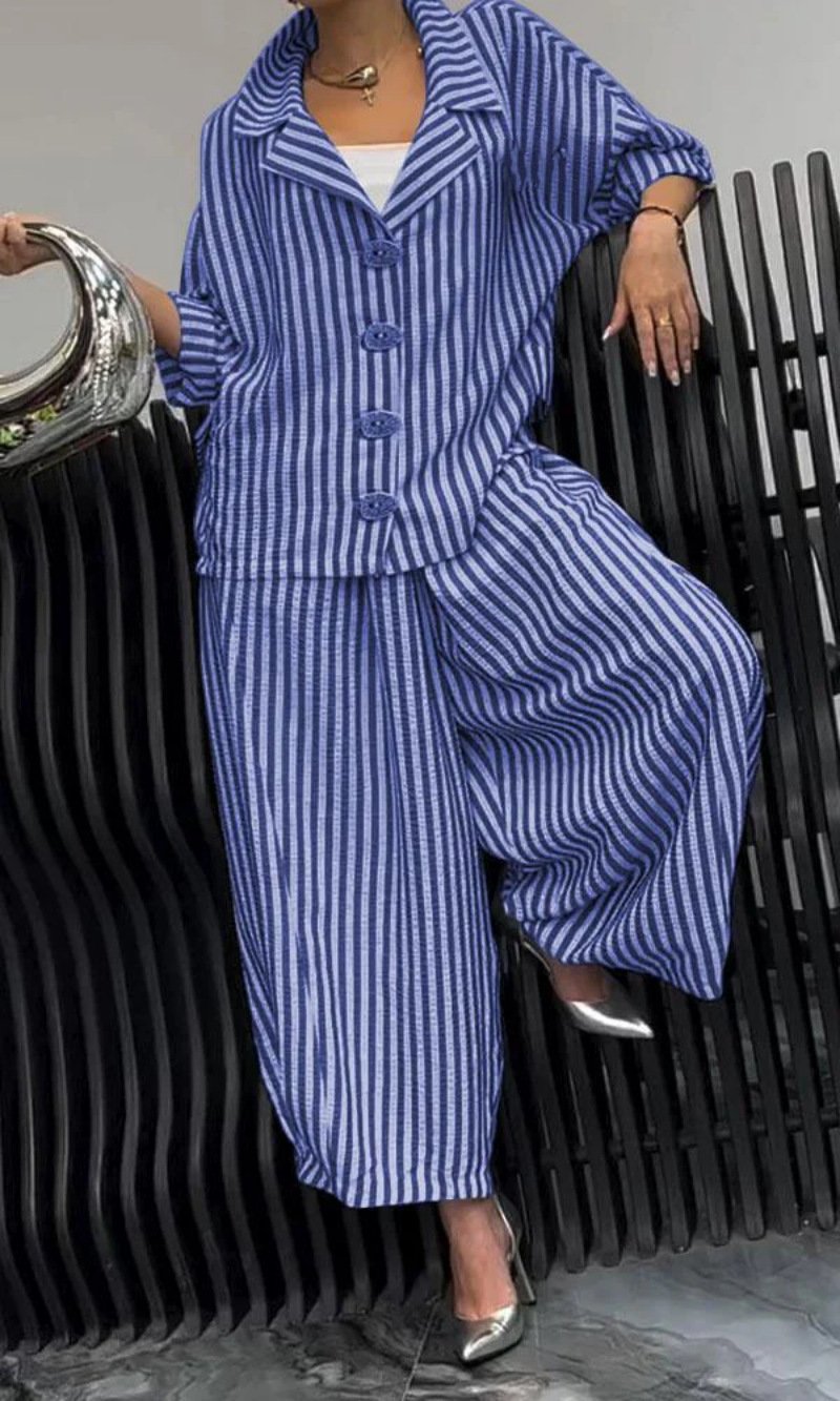 Deux Pièces Ensembles Rayé Décontracté Printemps / Automne Polyester Naturel Quotidien Manches Longues Top Avec Pantalons Droit pour Femmes