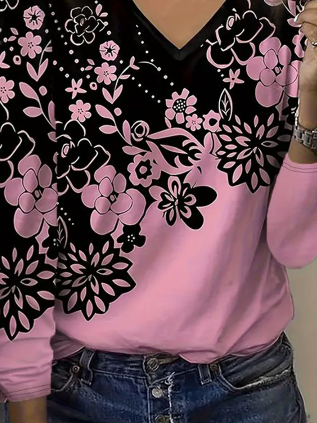 T-shirts Décontracté Floral Printemps / Automne Col V Quotidien Coupe Régulière Droit Régulier T.-N.-L. pour Femmes