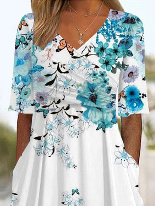 Femmes Floral Bleu Col V Confortable Croisé Robe Mi-Longue Décontracté