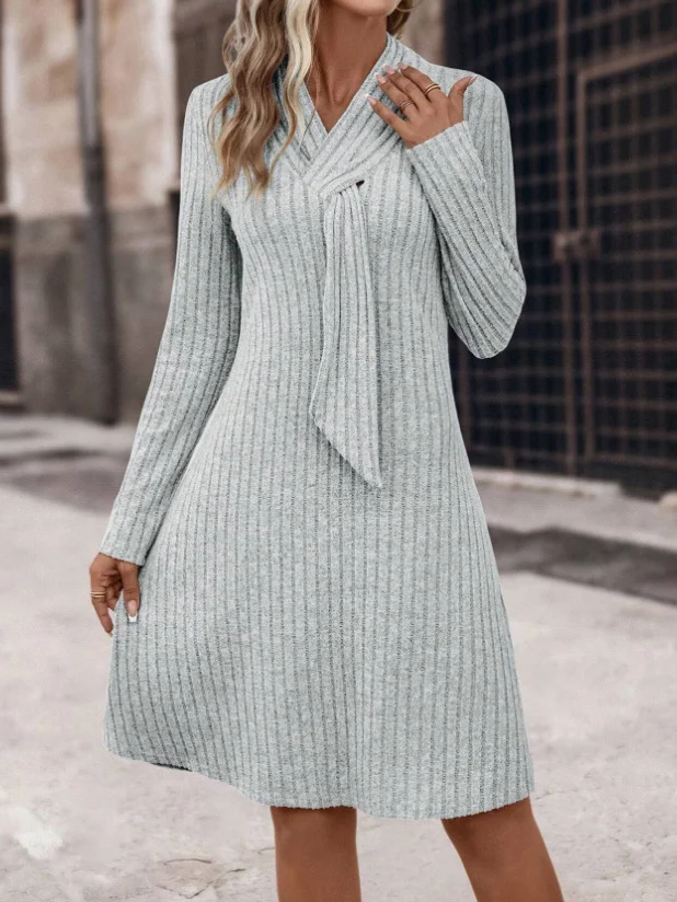 Femmes Plain Gris Col V Confortable Croisé Robe Mi-Longue Décontracté