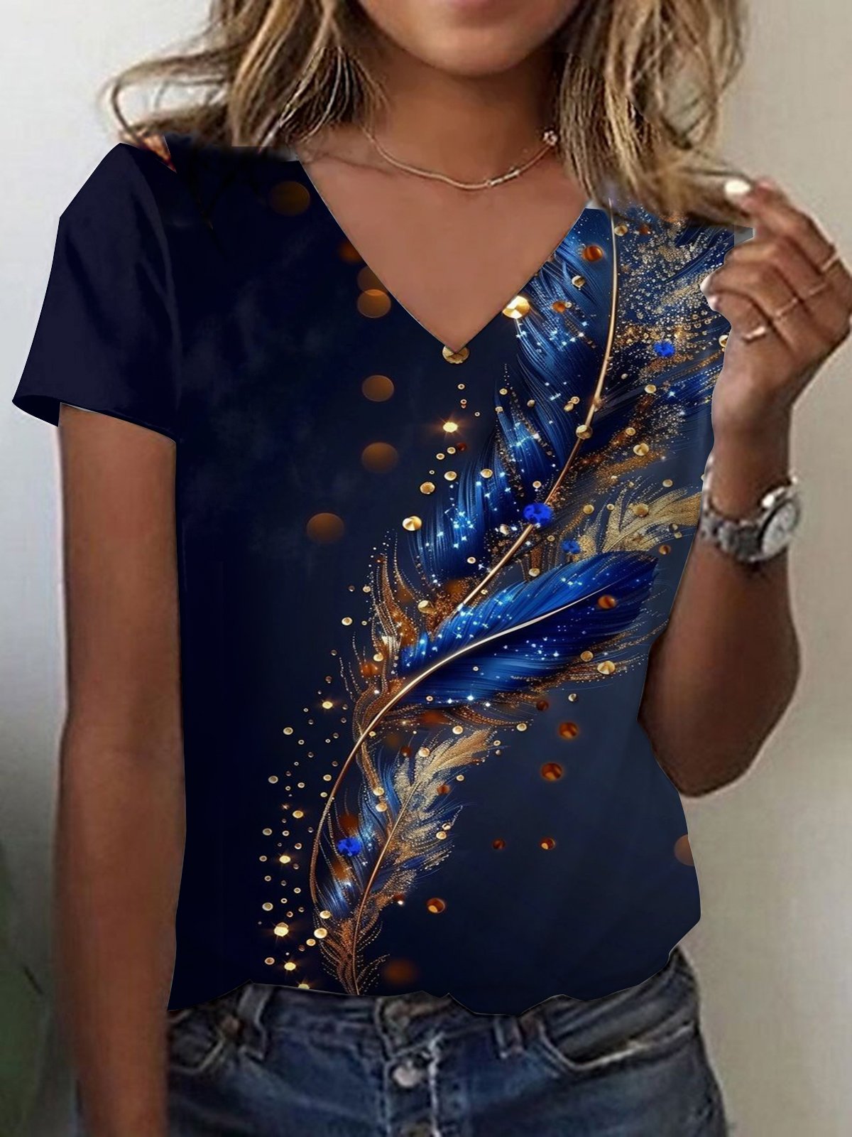 T-shirts Décontracté Été à Motif de Plume Col V Aucune élasticité Ample Régulier Droit Régulier pour Femmes