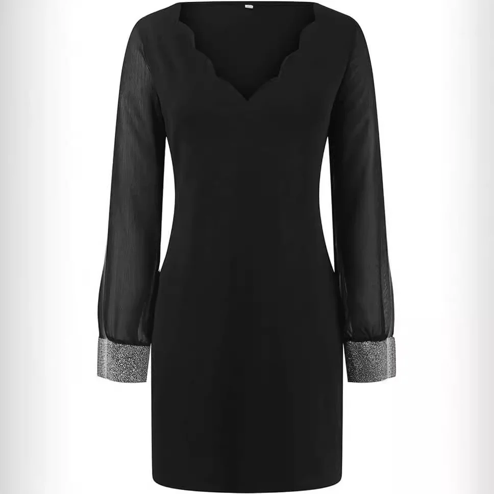 Femmes Plain Noir Col V Confortable Robe Mi-Longue Décontracté