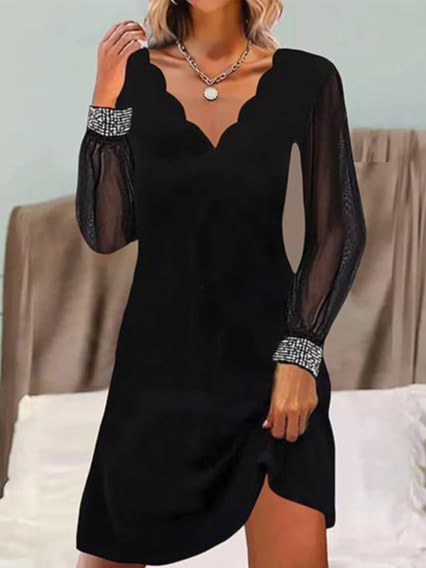 Femmes Plain Noir Col V Confortable Robe Mi-Longue Décontracté