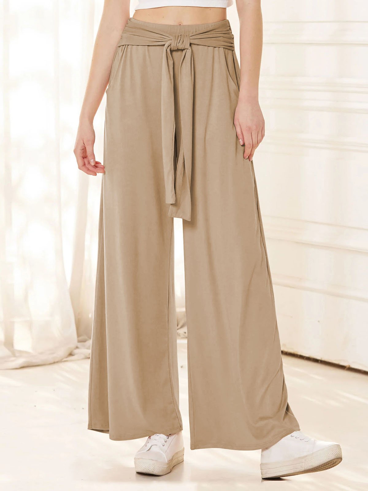 Pantalons Femmes Décontracté Plain Printemps / Automne Polyester Naturel Taille Élastique Pantalons à Jambe Large Long Régulier