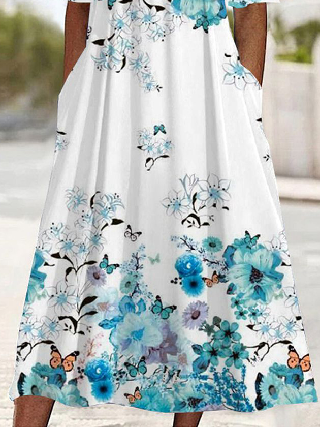 Femmes Floral Bleu Col V Confortable Croisé Robe Mi-Longue Décontracté