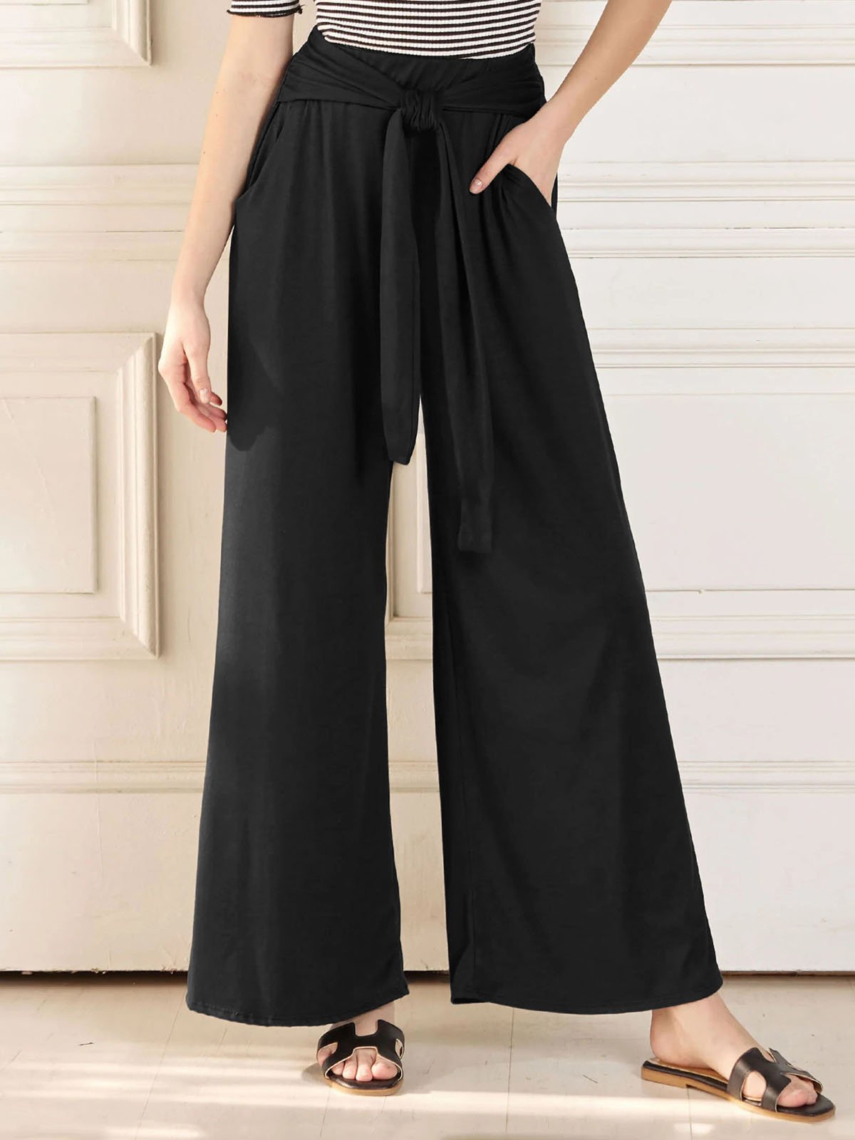 Pantalons Femmes Décontracté Plain Printemps / Automne Polyester Naturel Taille Élastique Pantalons à Jambe Large Long Régulier
