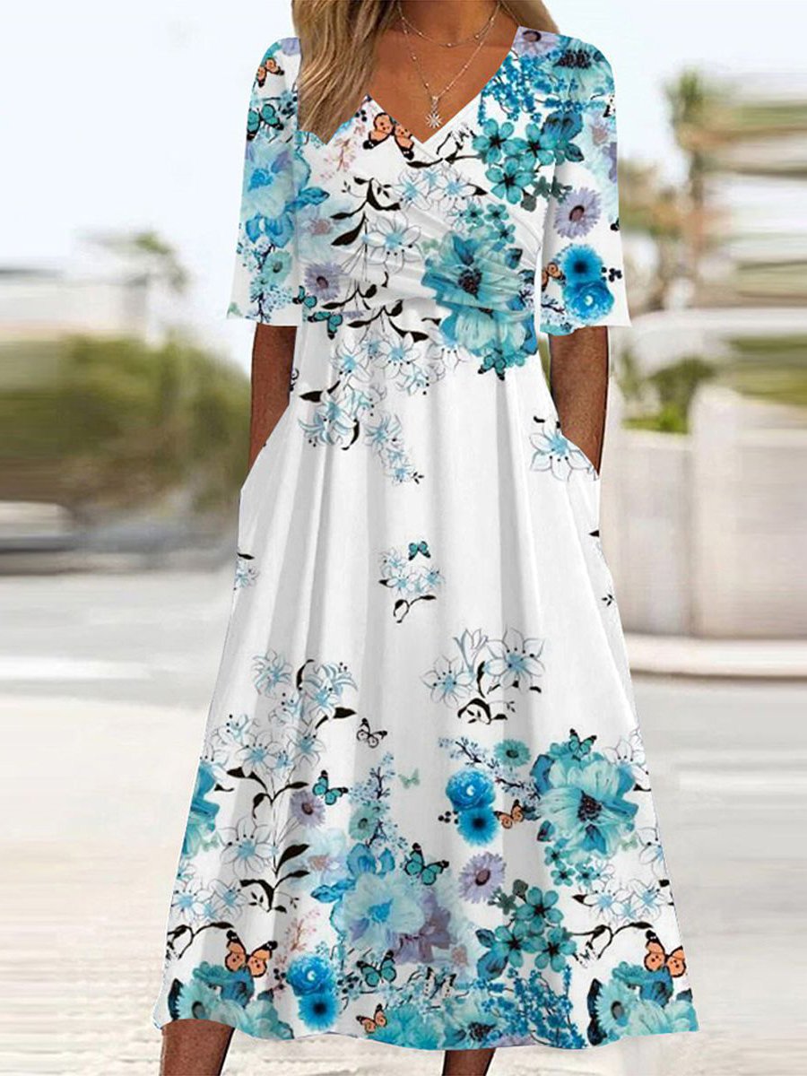 Femmes Floral Bleu Col V Confortable Croisé Robe Mi-Longue Décontracté