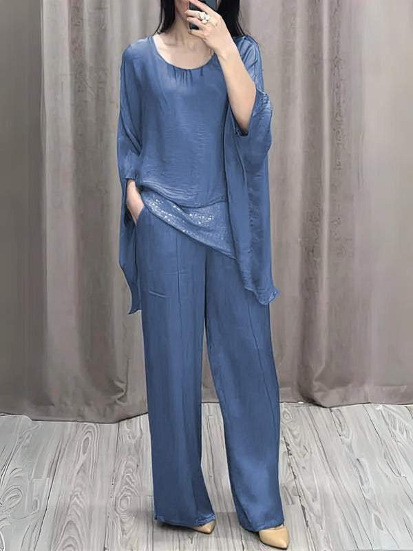 Deux Pièces Ensembles Décontracté Bloc de Couleur Été Col V Brillant Naturel Micro-élasticité Ample Top Avec Pantalons pour Femmes