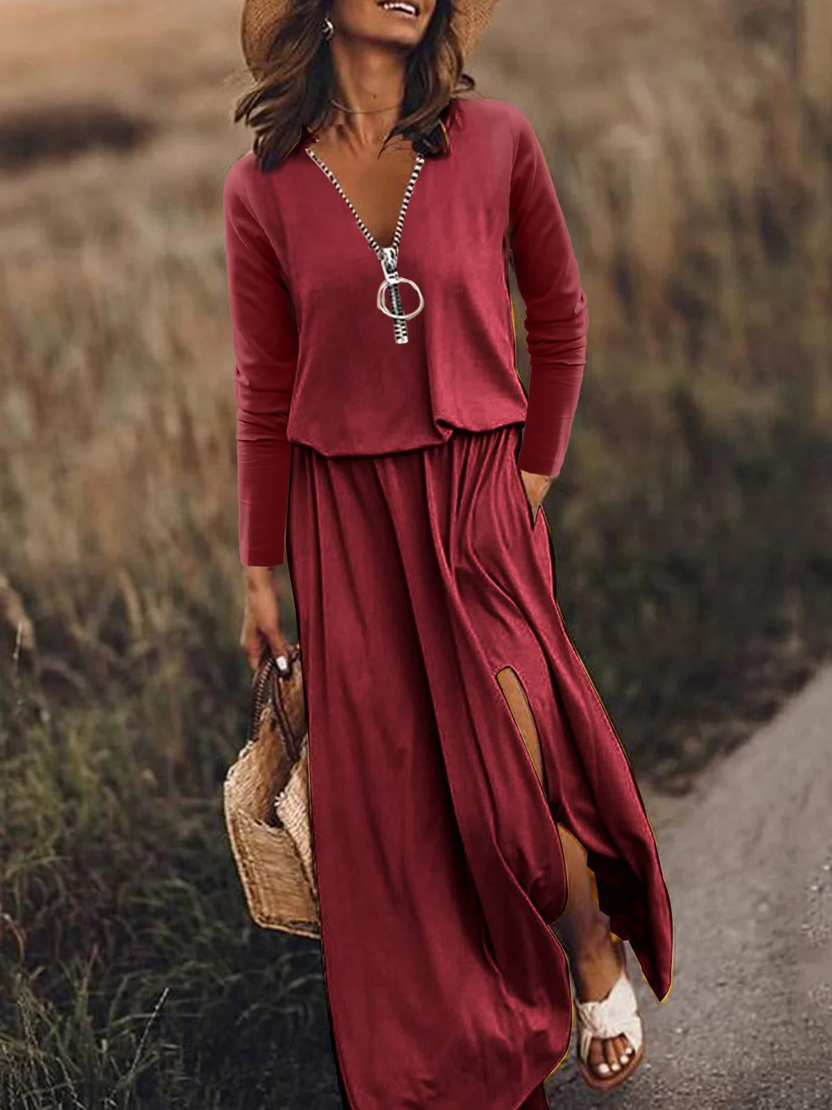 Femmes Lettres de texte Rouge Col V Confortable Zip Robe Mi-Longue Décontracté