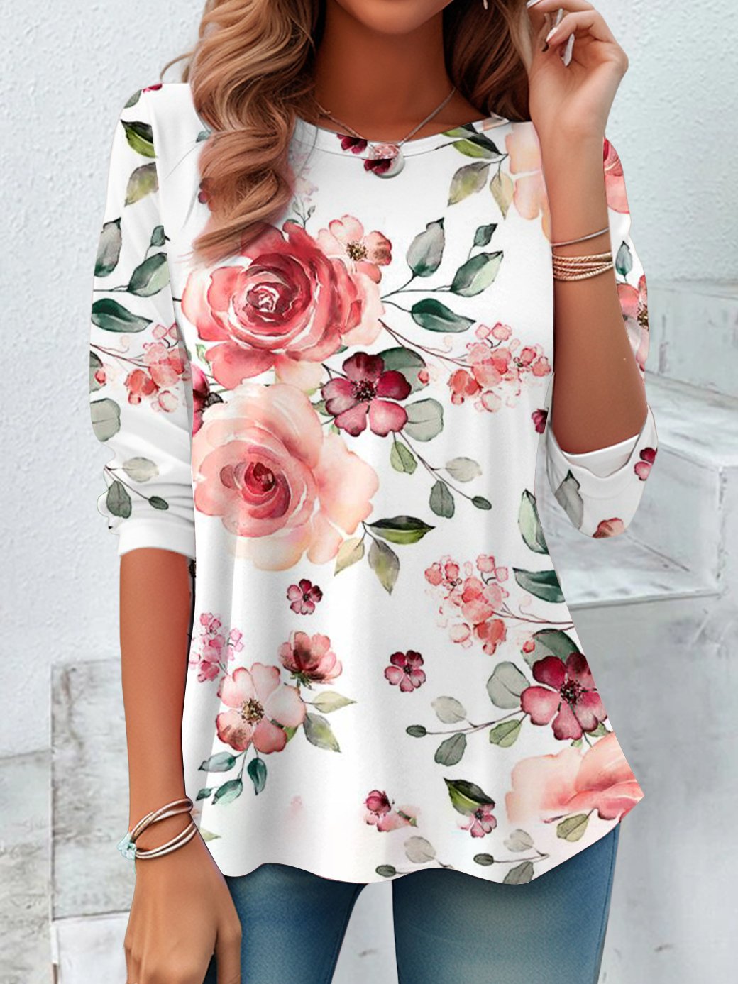 T-shirts Décontracté Floral Printemps / Automne Imprimé Ample Jersey Manches Longues Régulier Droit pour Femmes