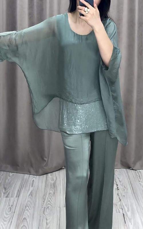 Deux Pièces Ensembles Décontracté Bloc de Couleur Été Col V Brillant Naturel Micro-élasticité Ample Top Avec Pantalons pour Femmes