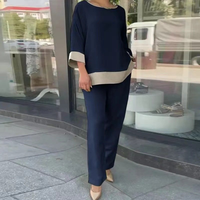 Deux Pièces Ensembles Décontracté Bloc de Couleur Printemps / Automne Naturel Quotidien Ample Top Avec Pantalons Droit Régulier pour Femmes