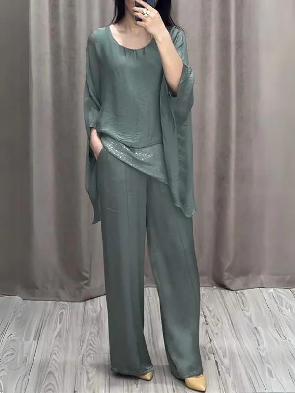Deux Pièces Ensembles Décontracté Bloc de Couleur Été Col V Brillant Naturel Micro-élasticité Ample Top Avec Pantalons pour Femmes