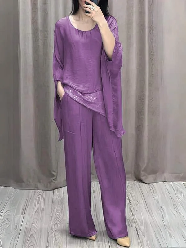 Deux Pièces Ensembles Décontracté Bloc de Couleur Été Col V Brillant Naturel Micro-élasticité Ample Top Avec Pantalons pour Femmes