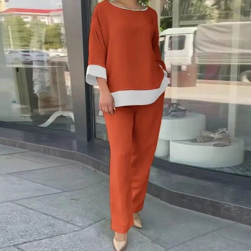 Deux Pièces Ensembles Décontracté Bloc de Couleur Printemps / Automne Naturel Quotidien Ample Top Avec Pantalons Droit Régulier pour Femmes