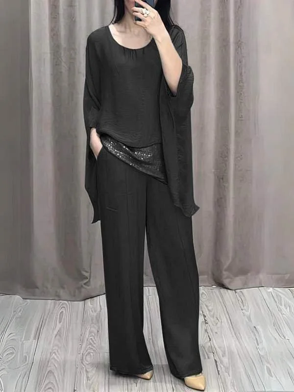 Deux Pièces Ensembles Décontracté Bloc de Couleur Été Col V Brillant Naturel Micro-élasticité Ample Top Avec Pantalons pour Femmes