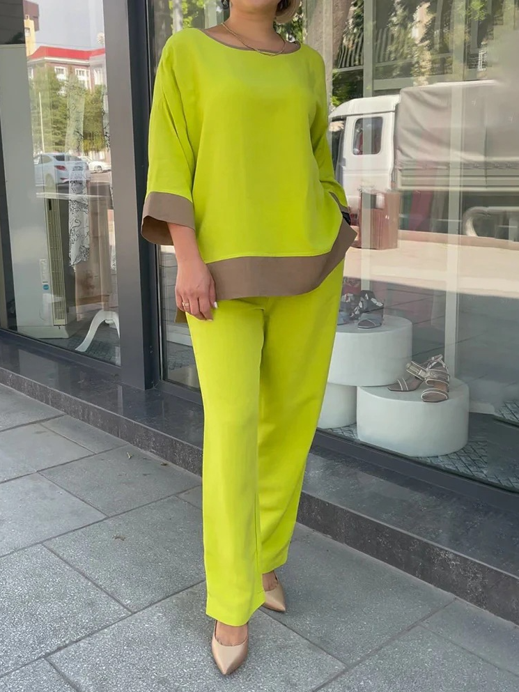 Deux Pièces Ensembles Décontracté Bloc de Couleur Printemps / Automne Naturel Quotidien Ample Top Avec Pantalons Droit Régulier pour Femmes