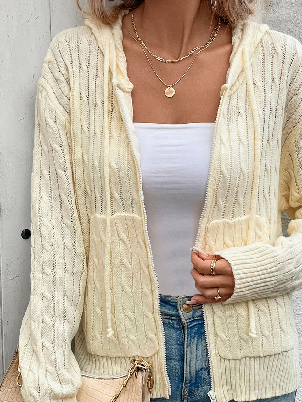Cardigans Femmes Décontracté Plain Printemps / Automne Zip Fil/fil de laine Régulier Droit Régulier Élasticité moyenne